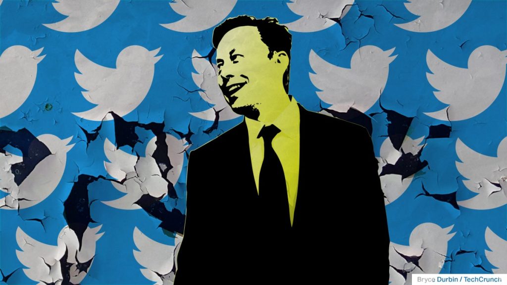 illustration of Elon Musk in front of cracked and peeling background of Twitter bird icons