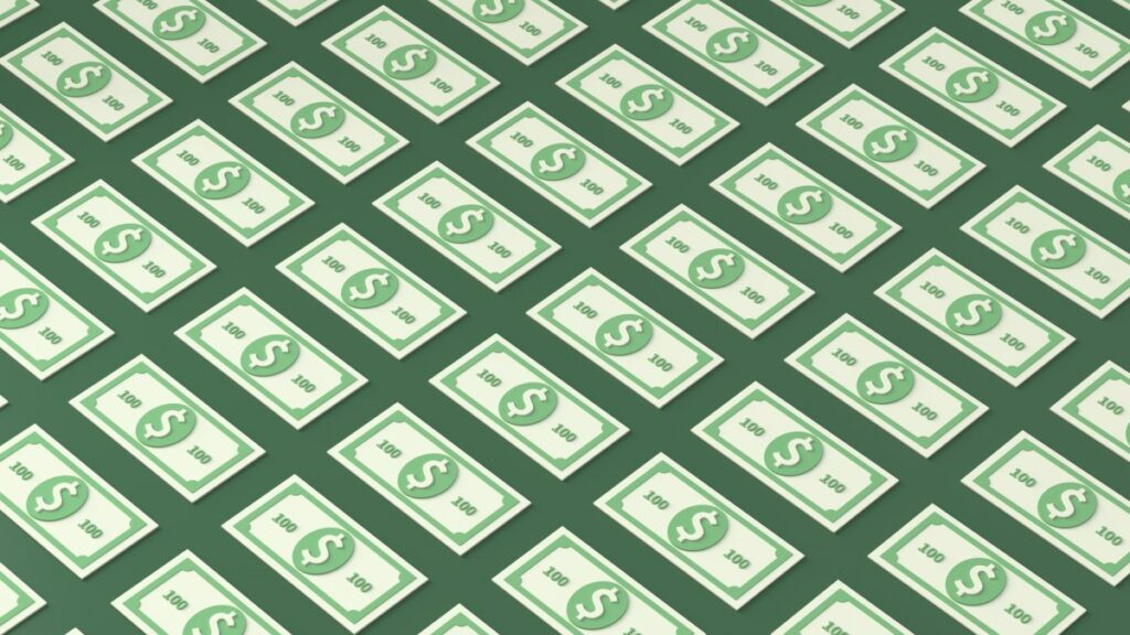 an illustration of patterned 100 dollar bills on a green background