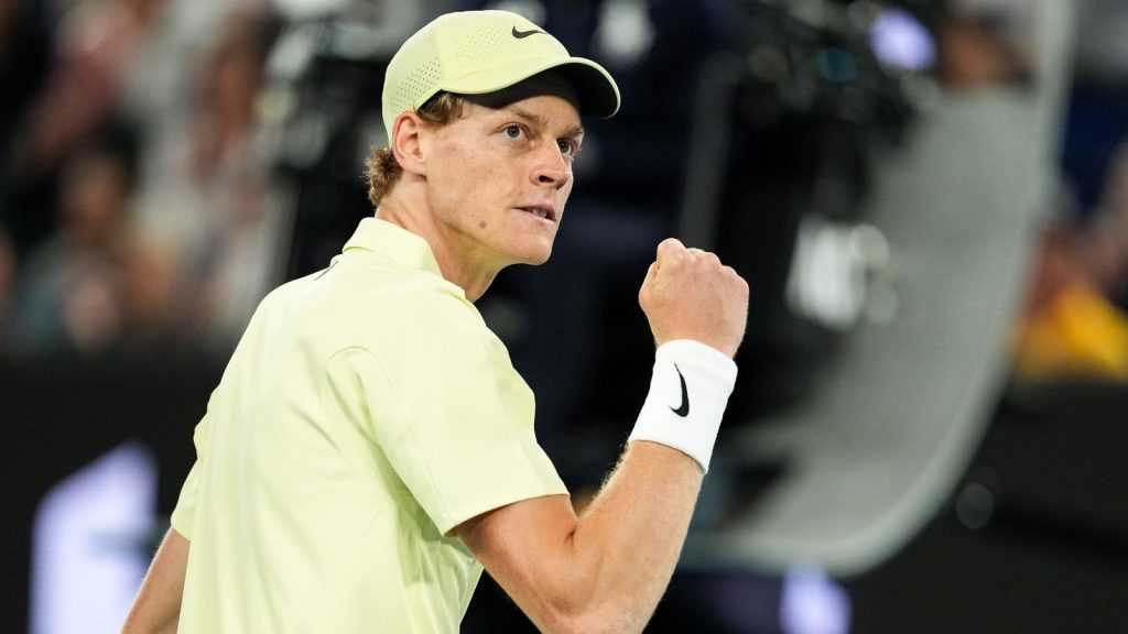 Jannik Sinner of Italy reacts in the Men's Singles Second Round match against Tristan Schoolkate of Australia during day five of the 2025 Australian Open at Melbourne Park on January 16, 2025 in Melbourne, Australia. (Photo by Shi Tang/Getty Images)