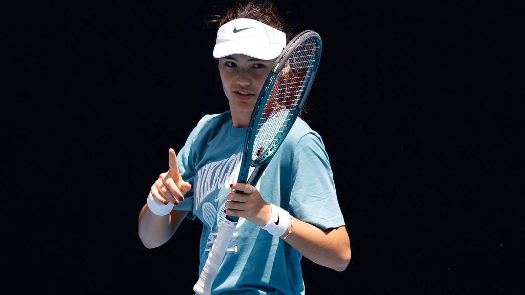 Emma Raducanu of Great Britain gestures during a practice session ahead of the 2025 Australian Open at Melbourne Park on January 10, 2025 in Melbourne, Australia. (Photo by Daniel Pockett/Getty Images)