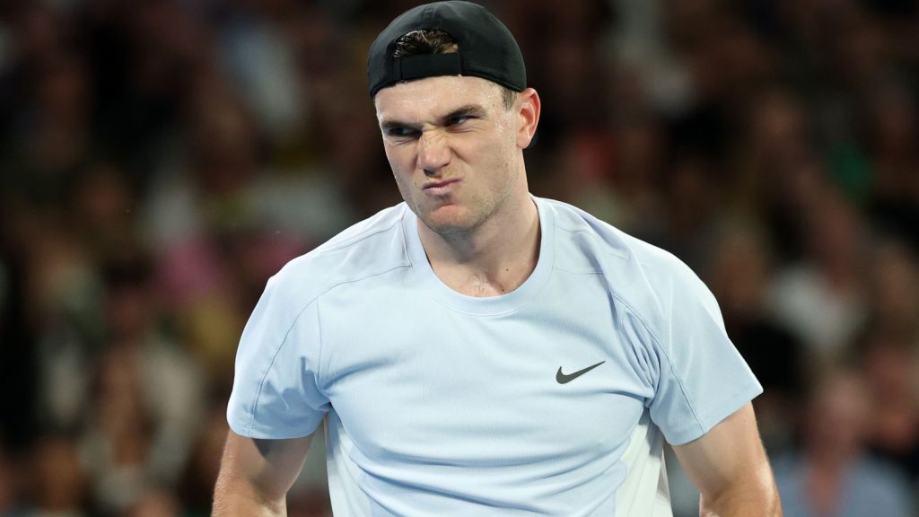 Jack Draper of Great Britain reacts in the Men's Singles Second Round match against Thanasi Kokkinakis during day four of the 2025 Australian Open at Melbourne Park on January 15, 2025 in Melbourne, Australia. (Photo by Cameron Spencer/Getty Images)