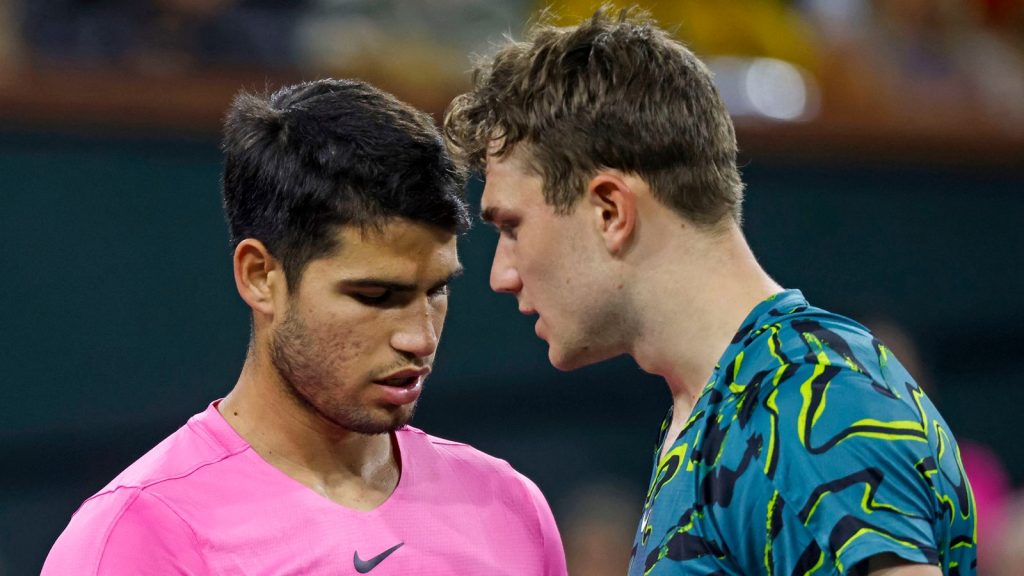 March 14, 2023 Jack Draper of Great Britain retires and congratulates Carlos Alcaraz of Spain during the 2023 BNP Paribas Open at Indian Wells Tennis Garden in Indian Wells, California. Mandatory Photo Credit: Charles Baus/CSM (Credit Image: .. Charles Baus/CSM via ZUMA Press Wire) (Cal Sport Media via AP Images)