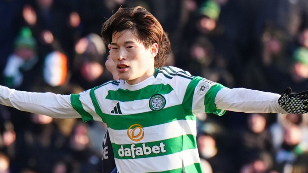 Kyogo Furuhashi celebrates after restoring Celtic's lead at Ross County