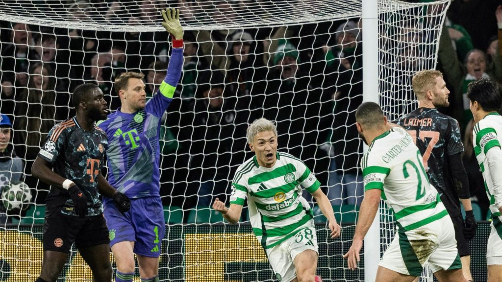 GLASGOW, SCOTLAND - FEBRUARY 12: Celtic's Daizen Maeda (centre) celebrates pulling a goal back to make it 2-1 during the UEFA Champions League 2024/25 League Knockout Play-off first leg match between Celtic and FC Bayern Munich at Celtic Park, on February 12, 2025, in Glasgow, Scotland.  (Photo by Craig Foy / SNS Group)