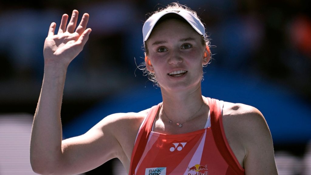 Elena Rybakina of Kazakhstan waves after defeating Emerson Jones of Australia in their first round match at the Australian Open tennis championship in Melbourne, Australia, Tuesday, Jan. 14, 2025. (AP Photo/Ng Han Guan)