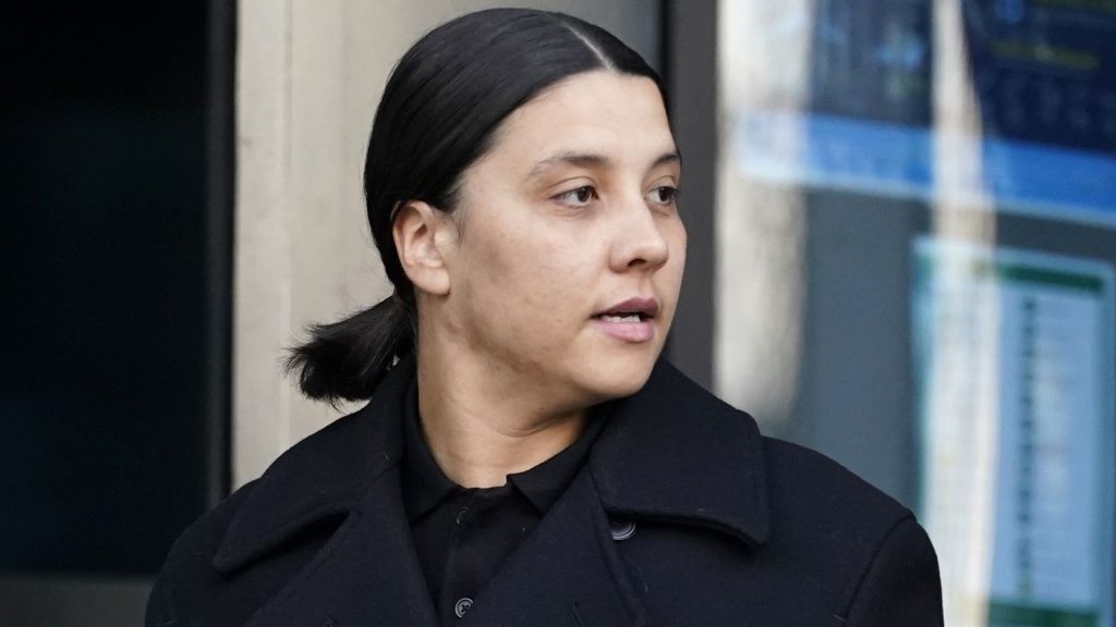 Chelsea and Australia striker Sam Kerr leaves Kingston Crown Court, south west London, where she is charged with alleged racially aggravated harassment of a police officer. Kerr, 31, is charged with causing a police officer harassment, alarm or distress under Section 4A of the Public Order Act during an incident in Twickenham, south-west London, on January 30 2023. Picture date: Thursday February 6, 2025.