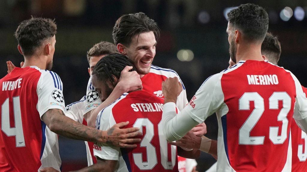 Declan Rice celebrates putting Arsenal ahead against PSV in the Champions League