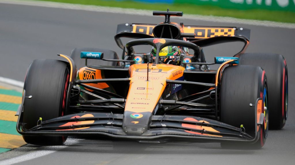 McLaren driver Oscar Piastri of Australia steers his car during the third practice session at the Australian Formula One Grand Prix at Albert Park, in Melbourne, Australia, Saturday, March 15, 2025. (AP Photo/Asanka Brendon Ratnayake)