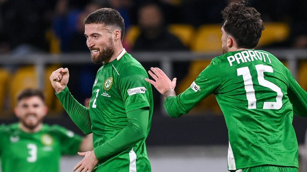 Matt Doherty celebrates after scoring Ireland's second goal against Bulgaria