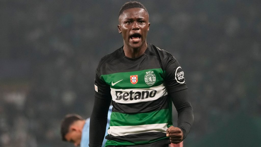 Sporting's Geovany Quenda reacts during the UEFA Champions League opening phase match between Sporting and Manchester City in Lisbon, Portugal, Tuesday, Nov. 5, 2024. (AP Photo/Armando Franca)