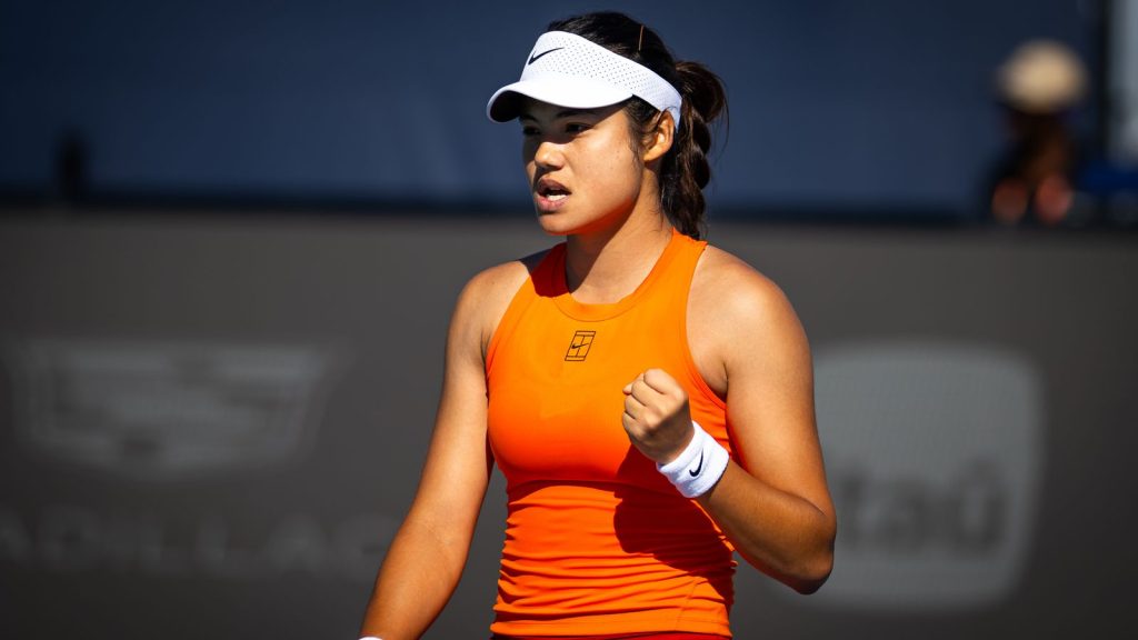 Emma Raducanu of Great Britain reacts while playing against Emma Navarro of the United States in the second round on Day 4 of the Miami Open at Hard Rock Stadium on March 21, 2025 in Miami Gardens, Florida (Photo by Robert Prange/Getty Images)