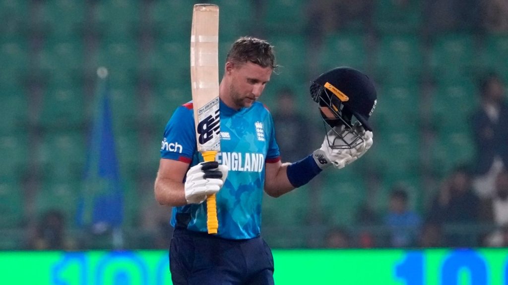 England's Joe Root celebrates after scoring century during the ICC Champions Trophy cricket match between Afghanistan and England, in Lahore, Pakistan, Wednesday, Feb. 26, 2025. (AP Photo/K.M. Chaudary)