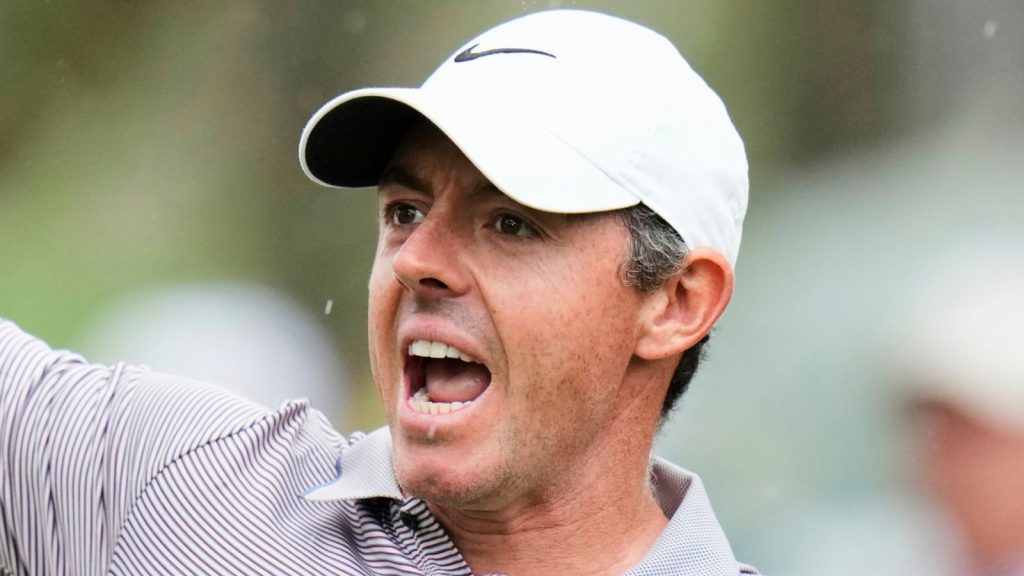 Rory McIlroy, of Northern Ireland, reacts after his shot on the sixth tee during the final round of The Players Championship golf tournament Sunday, March 16, 2025, in Ponte Vedra Beach, Fla. (AP Photo/Chris O'Meara)