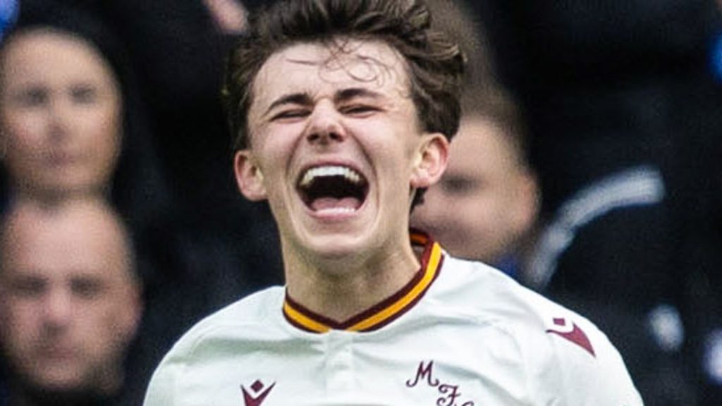 GLASGOW, SCOTLAND - MARCH 01: Motherwell's Tom Sparrow celebrates scoring to make it 2-0 during a William Hill Premiership match between Rangers and Motherwell at Ibrox Stadium, on March 01, 2025, in Glasgow, Scotland.  (Photo by Craig Foy / SNS Group)