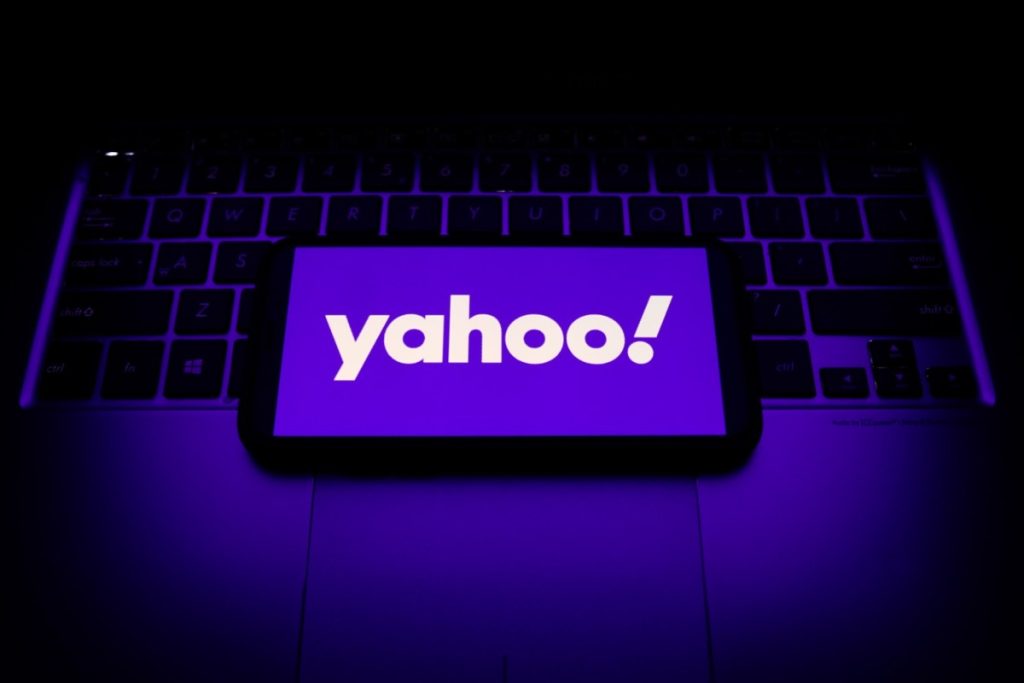 Yahoo! logo is seen displayed on a phone screen in this illustration photo taken in Krakow, Poland