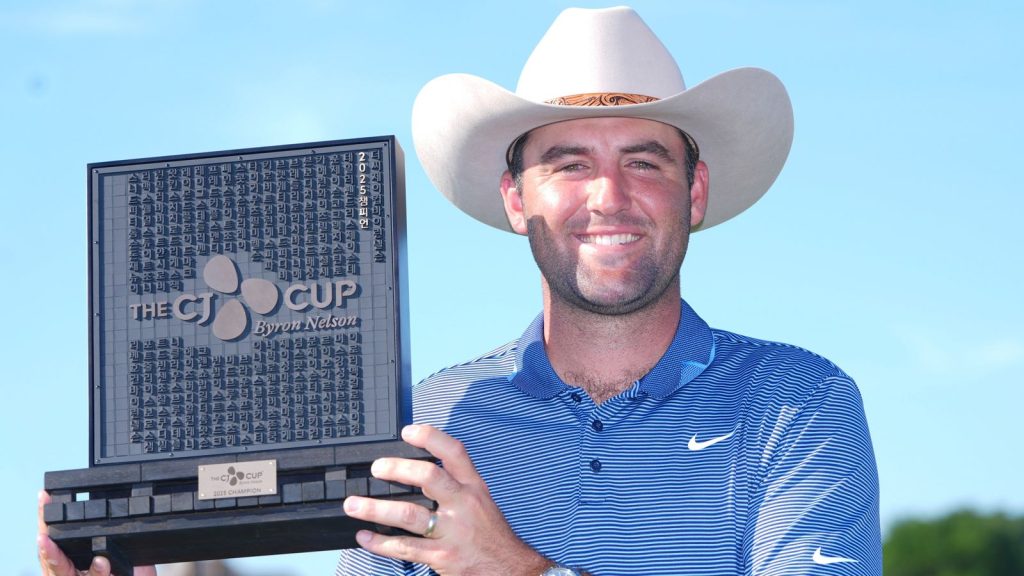 Scottie Scheffler celebrates after winning the CJ Cup Byron Nelson