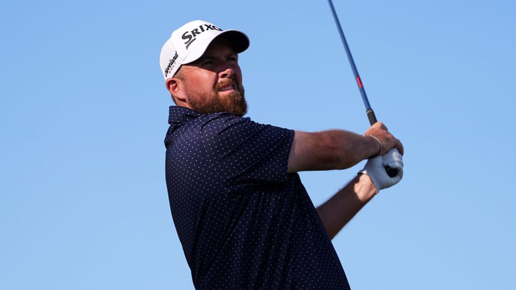 Shane Lowry, of Ireland, watches his shot on the 16th hole during the third round of the Truist Championship golf tournament at the Philadelphia Cricket Club, Saturday, May 10, 2025, in Flourtown. (AP Photo/Matt Rourke)