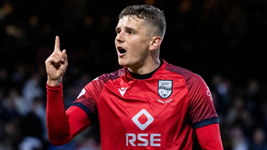 DUNDEE, SCOTLAND - MAY 14: Ross County's Ronan Hale celebrates at fulltime during a William Hill Premiership match between Dundee and Ross County at the Scot Foam Stadium at Dens Park, on May 14, 2025, in Dundee, Scotland. (Photo by Ross Parker / SNS Group)