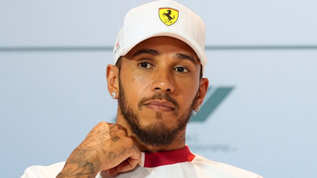 Ferrari driver Lewis Hamilton of Britain participates in a drivers' press conference ahead of the Formula One Miami Grand Prix auto race, Thursday, May 1, 2025, in Miami Gardens, Fla. (AP Photo/Rebecca Blackwell)