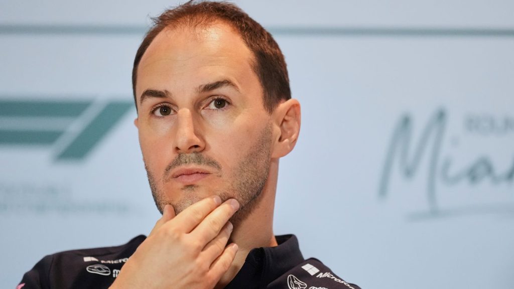 Alpine principal Oliver Oakes listens to reporters during a press conference ahead of the Formula One Miami Grand Prix auto race, Friday, May 2, 2025, in Miami Gardens, Fla. (AP Photo/Rebecca Blackwell)